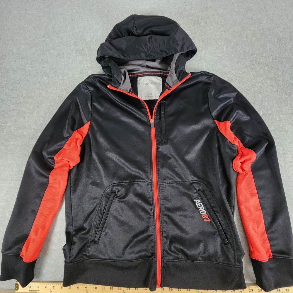 Aeropostale Mens XL AERO87 Track Jacket Full Zip Hoodie Black Red Colorblock '13